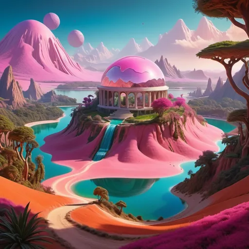 Prompt: A surreal and vividly imaginative landscape unfolds, featuring a colossal dome encasing a miniature, verdant mountain surrounded by lush trees and a winding path, set against a backdrop of strikingly colorful, alien terrain. This enclosed paradise sits within a vivid, pink-hued lake, contrasting sharply with the rich, orange sands of the surrounding landscape, which is dotted with jagged rock formations that stretch towards an atmospheric horizon filled with billowing clouds. The otherworldly environment is further enhanced by additional smaller domes, hinting at potential human habitation or exploration in this fantastical setting. The overall composition merges a dreamlike quality with rich colors and unusual forms, evoking a sense of wonder and curiosity about life and landscapes beyond Earth.