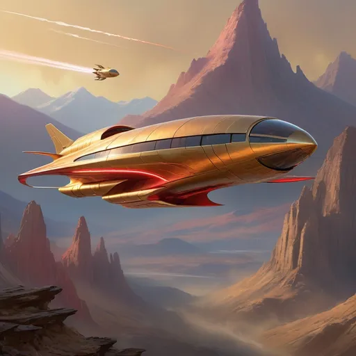 Prompt: Soaring through a breathtaking golden-hued atmosphere, a sleek spaceship jetstreams against a backdrop of rugged, mountainous terrain bathed in warm light. The craft features a streamlined design with a metallic sheen, highlighted by striking red accents and glowing exhaust ports that emit fiery trails, indicating powerful propulsion. Below, faint silhouettes of clustered structures hint at a distant settlement, shrouded in the soft glow of twilight. The composition captures a sense of adventure and exploration, evoking both the wonder of space travel and the raw beauty of an alien landscape, as the ship ascends into the vast unknown.