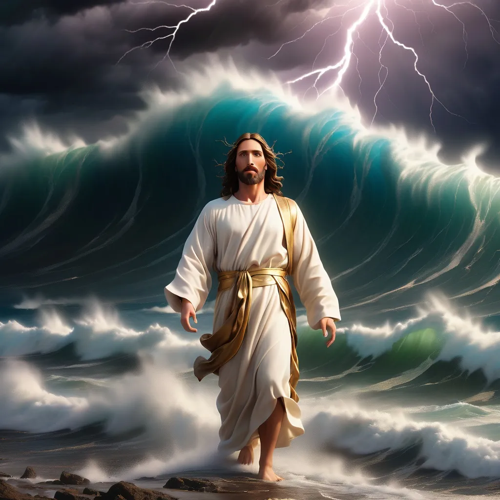 Prompt: Jesus is clothed and on the horizon as a figure in the distance a mile away and walking on water in a storm surrounded by lightning and thunder. He is transfigured in an awesome light. Waves are crashing against the shoreline in the foreground. Jesus face is perfectly formed and calm. The storm is vivid and strong. The sky dark and enigmatic with waves of iridescent lightning. 
