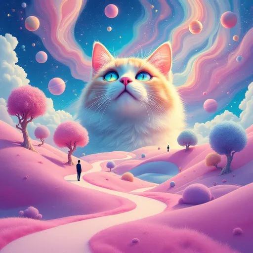 Prompt: A whimsical dreamscape unfolds, featuring a large, serene female cat adorned with vibrant divine eyes open in tranquility as flowing light blends into the cosmic sky, dotted with colorful planets and twinkling stars. Below her, a surreal landscape of soft pink and blue hues creates curvaceous hills speckled with brightly colored orbs and peculiar trees, while a winding path invites exploration into the whimsical realm. A lone figure stands contemplatively on the path, silhouetted against the enchanting scenery, suggesting a narrative of introspection and connection with the fantastical environment. The overall composition plays with vibrant colors and imaginative shapes, evoking a sense of wonder and serenity, as if capturing a moment between dreams and reality.