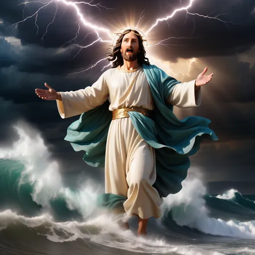 Prompt: Jesus walking on water in a storm surrounded by lightning and thunder. Jesus is transfigured in an awesome light. Waves are crashing against the shoreline. Jesus face is perfectly formed and calm. 