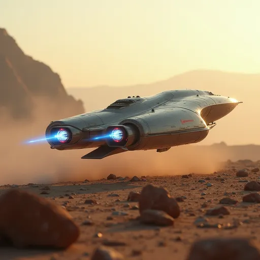 Prompt: Amidst a barren landscape dotted with rocky formations, a sleek, futuristic spaceship glides gracefully through the soft hues of a dusty atmosphere, illuminated by the warm light of an unseen sun. Its metallic surface, accented by glowing red and white lights, reflects a precision-engineered design, suggesting advanced technology and power. The ship's back end has thrusters that emit brilliant blue flames, creating a striking contrast against the muted earthy tones surrounding it. In the background, a distant mountainous silhouette looms, hinting at an otherworldly terrain that enhances the sense of exploration and adventure inherent in the scene. This captivating image exudes a mood of mystery and innovation, inviting viewers to imagine the stories unfolding in such an uncharted realm.