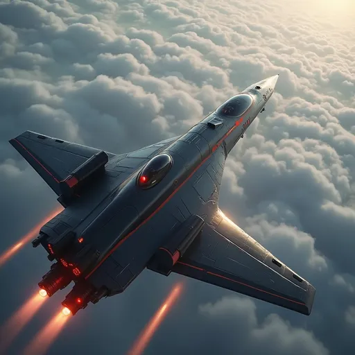 Prompt: Soaring above a sea of soft, billowing clouds, a sleek, modern spacecraft propels forward with brilliant engine flames streaming behind it, illuminating the atmosphere with a fiery glow. The vessel features a streamlined, aerodynamic design, marked by sharp angles and a polished, metallic surface that reflects the ambient light of the sky. With its jet-black body contrasting against the pale blue hues around it, the scene captures a sense of adventure and technological prowess. The upward angle enhances the feeling of ascent, lending a dynamic perspective, as the ship's sturdy wings and vibrant red accents stand out boldly. This moment conveys an exhilarating narrative of exploration and breakthrough, inviting imaginations to soar alongside it.