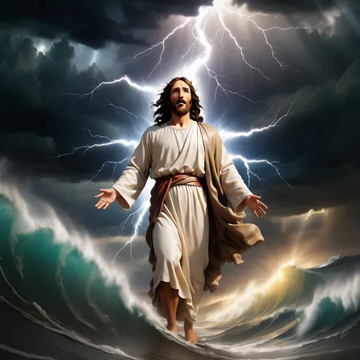 Prompt: Jesus walking on water in the distance. Jesus is in a storm surrounded by lightning and thunder. Jesus is transfigured in an awesome light. Waves are crashing against the shoreline. Jesus face is perfectly formed and calm. The storm is vivid and strong. The sky dark and enigmatic. 