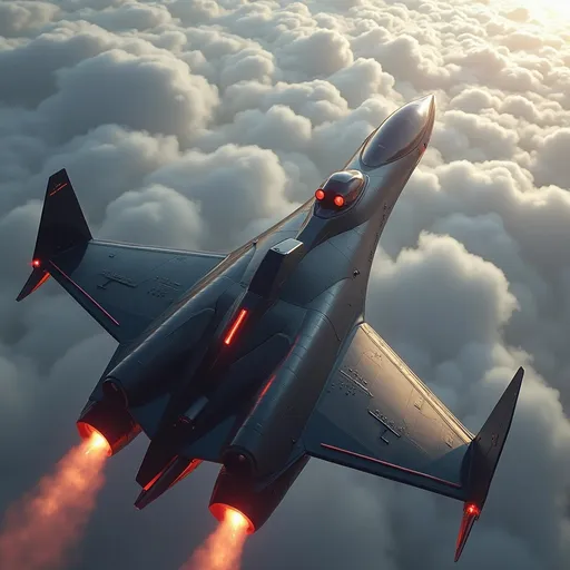 Prompt: Soaring above a sea of soft, billowing clouds, a sleek, modern spacecraft propels forward with brilliant engine flames streaming behind it, illuminating the atmosphere with a fiery glow. The vessel features a streamlined, aerodynamic design, marked by sharp angles and a polished, metallic surface that reflects the ambient light of the sky. With its jet-black body contrasting against the pale red hues of Mars planet around it, the scene captures a sense of adventure and technological prowess. The upward angle enhances the feeling of ascent, lending a dynamic perspective, as the ship's sturdy wings and vibrant red accents stand out boldly. This moment conveys an exhilarating narrative of exploration and breakthrough, inviting imaginations to soar alongside it.