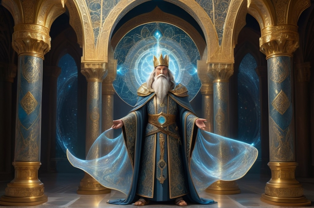 Prompt: 
A grand, otherworldly throne room of towering gilded pillars and intricately engraved archways, suffused with a luminous, celestial glow. At the focal point stands a regal, ancient wizard figure with a long, flowing white beard and piercing eyes, adorned in lavish ceremonial robes of opalescent blue and gold filigree. His ornate crown is composed of layered spires reminiscent of fractal geometry, set with glowing gems that pulsate in rhythmic, otherworldly patterns. Floating geometric mandalas, arcane sigils, and ethereal orbs of cosmic energy revolve overhead, tracing slow, methodical paths through the charged atmosphere. Streams of light swirl around him as if tethered to his every movement, illuminating the intricate metallic latticework woven into his armor-like shoulders and layered fabric. He wields a tall, ornate staff crowned with swirling crystalline structures that emanate radiance, as though channeling elemental forces from distant star fields. The grand floor beneath him is etched with complex circular symbols and shimmering runes that span outward in expanding concentric designs, casting reflections onto the pillars in luminous waves. Dust motes and glowing particles meander through the air, creating a mystical haze. The wizard’s posture and outstretched arms convey both authority and transcendence, while intangible magical currents spiral upward toward a colossal cosmic diagram nested within the vaulted ceiling. The entire scene suggests a moment of high ritual or divine communion, merging high fantasy aesthetics with cosmic, futuristic undertones—an epic display of celestial power, ancient wisdom, and cosmic architecture enveloped in swirling arcs of light.
