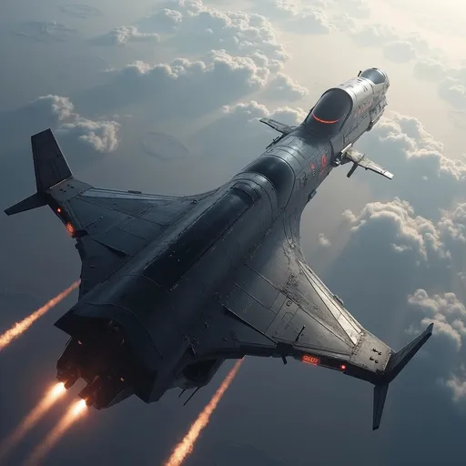 Prompt: Soaring above a glass domed city and a sea of soft distant red mountainous landscape and the extinct Mons volcano of Mars, a sleek, modern spacecraft propels forward with brilliant engine flames streaming behind it, illuminating the atmosphere with a fiery glow. The vessel features a streamlined, aerodynamic design, marked by sharp angles and a polished, metallic surface that reflects the ambient light of the sky. With its jet-black body contrasting against the pale red hues of Mars planet around it, the scene captures a sense of adventure and technological prowess. The upward angle enhances the feeling of ascent, lending a dynamic perspective, as the ship's sturdy wings and vibrant red accents stand out boldly. This moment conveys an exhilarating narrative of exploration and breakthrough, inviting imaginations to soar alongside it.