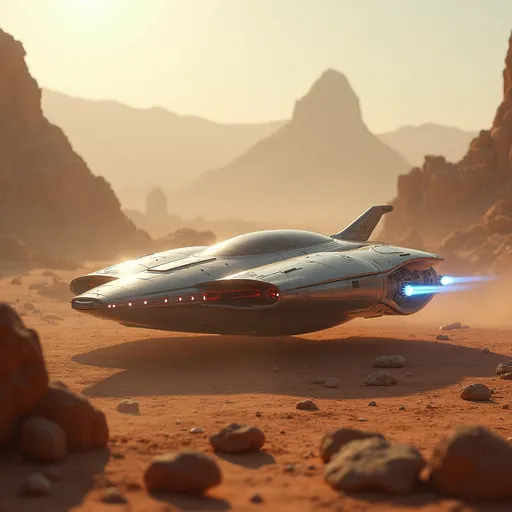 Prompt: Amidst a barren landscape dotted with rocky formations, a sleek, futuristic spaceship glides gracefully through the soft hues of a dusty atmosphere, illuminated by the warm light of an unseen sun. Its metallic surface, accented by glowing red and white lights, reflects a precision-engineered design, suggesting advanced technology and power. The ship's back end has thrusters that emit brilliant blue flames, creating a striking contrast against the muted earthy tones surrounding it. In the background, a distant mountainous silhouette looms, hinting at an otherworldly terrain that enhances the sense of exploration and adventure inherent in the scene. This captivating image exudes a mood of mystery and innovation, inviting viewers to imagine the stories unfolding in such an uncharted realm.