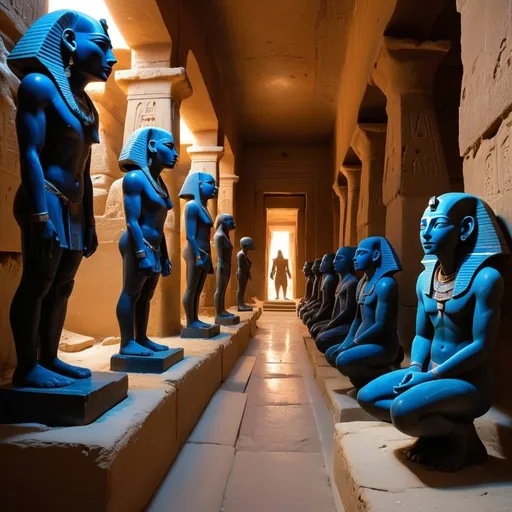 Prompt: In the halls of Amenti beneath the Pyramids of Giza, a hallowed hall filled with Figures on either side in blue and black obsidian. The hallway is ancient and is filled with a dusty twilight and divine light. The statues look like travellers of the stars and have an otherworldly feel as if speaking of Mars and Sirius. God like figures. Some are kneeling and some are resplendent as if in acknowledgement of the divine presence before them. 