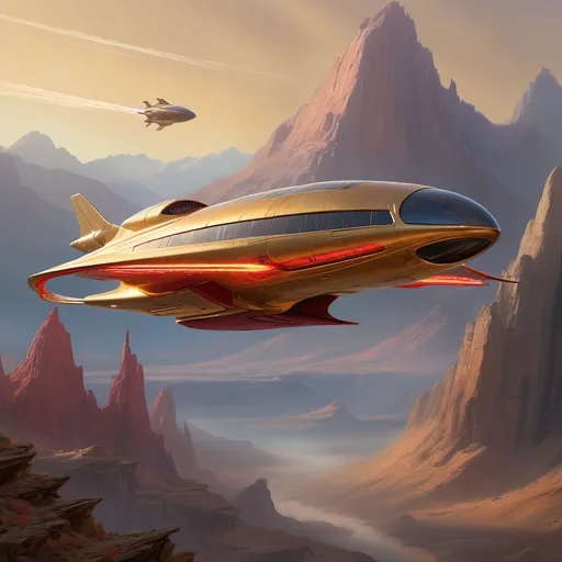 Prompt: Soaring through a breathtaking golden-hued atmosphere, a sleek spaceship jetstreams against a backdrop of rugged, mountainous terrain bathed in warm light. The craft features a streamlined design with a metallic sheen, highlighted by striking red accents and glowing exhaust ports that emit fiery trails, indicating powerful propulsion. Below, faint silhouettes of clustered structures hint at a distant settlement, shrouded in the soft glow of twilight. The composition captures a sense of adventure and exploration, evoking both the wonder of space travel and the raw beauty of an alien landscape, as the ship ascends into the vast unknown.