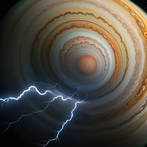 Prompt: Flying close to the rotating atmosphere of the gas planet Jupiter, a sea of sharply contrasting ribboned colours swirling rapidly in vortex’s with lightning and giant thunderclouds with thunderstorms as the atmosphere of Jupiter conveys a strata of thunderous and lightning lit ribboned clouds of various colours sharply defined as yellow, blue green and orange and brown colours appropriate to Jupiter, a very long, yet broad bodied modern spacecraft freighter full of goods, propels forward with brilliant blue white engine exhaust illuminating the atmosphere behind the craft with a blue glow. The giant vessel features a long cargo bay hold as it is an inter planetary freighter carrying a large amount of cargo. Its size is gigantic and stretches off into the distance. The hull is stretching away yet fairly streamlined, aerodynamic design, marked by sharp angles and a polished, metallic surface that reflects the ambient light of the sky. With its jet-black body contrasting against the ribboned clouds of Jupiter’s atmosphere around it, the scene captures a sense of adventure and technological prowess. The upward angle enhances the feeling of ascent, lending a dynamic perspective, as the ship's sturdy length and vibrant red accents stand out boldly. This moment conveys an exhilarating narrative of exploration and breakthrough, inviting imaginations to soar alongside it.