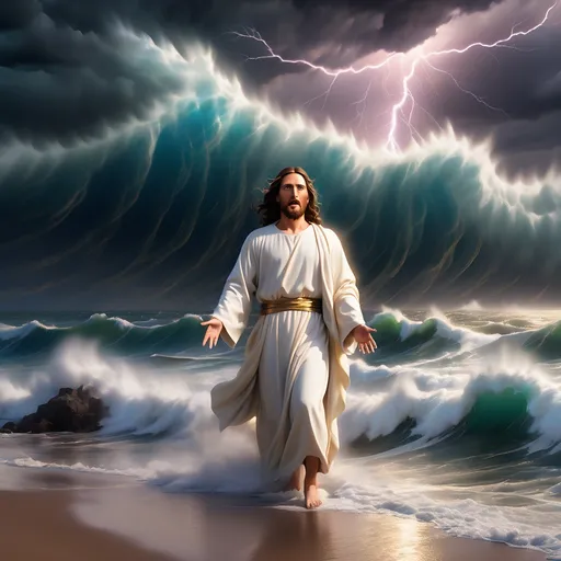 Prompt: Jesus is clothed and on the horizon as a figure in the distance a mile away and walking on water in a storm surrounded by lightning and thunder. He is transfigured in an awesome light. Waves are crashing against the shoreline in the foreground. Jesus face is perfectly formed and calm. The storm is vivid and strong. The sky dark and enigmatic with waves of iridescent lightning. 
