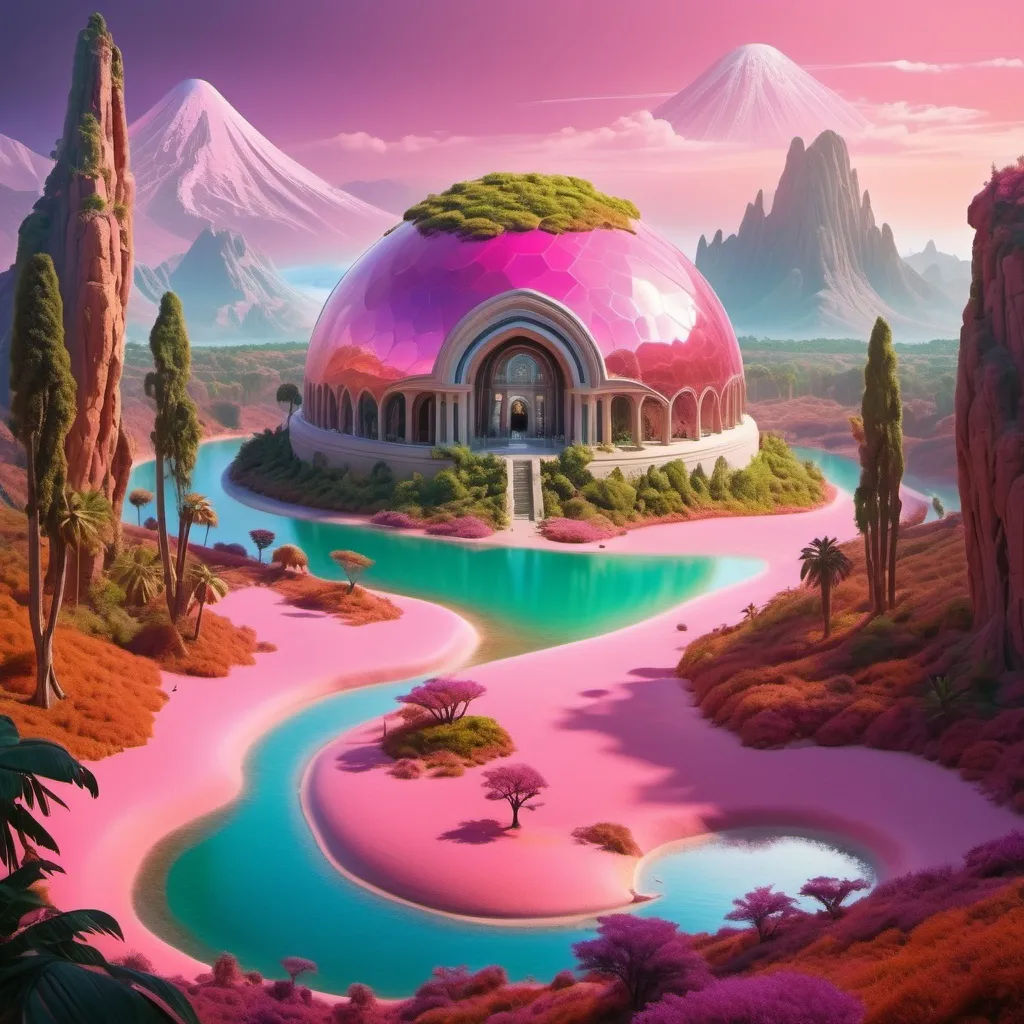 Prompt: A surreal and vividly imaginative landscape unfolds, featuring a colossal dome encasing a miniature, verdant mountain surrounded by lush trees and a winding path, set against a backdrop of strikingly colorful, alien terrain. This enclosed paradise sits within a vivid, pink-hued lake, contrasting sharply with the rich, orange sands of the surrounding landscape, which is dotted with jagged rock formations that stretch towards an atmospheric horizon filled with billowing clouds. The otherworldly environment is further enhanced by additional smaller domes, hinting at potential human habitation or exploration in this fantastical setting. The overall composition merges a dreamlike quality with rich colors and unusual forms, evoking a sense of wonder and curiosity about life and landscapes beyond Earth. The home planet of God.