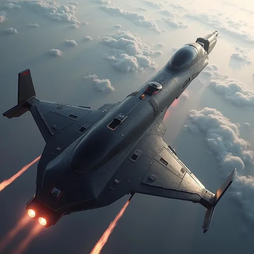 Prompt: Soaring above a sea of soft distant red mountainous landscape of Mars, a sleek, modern spacecraft propels forward with brilliant engine flames streaming behind it, illuminating the atmosphere with a fiery glow. The vessel features a streamlined, aerodynamic design, marked by sharp angles and a polished, metallic surface that reflects the ambient light of the sky. With its jet-black body contrasting against the pale red hues of Mars planet around it, the scene captures a sense of adventure and technological prowess. The upward angle enhances the feeling of ascent, lending a dynamic perspective, as the ship's sturdy wings and vibrant red accents stand out boldly. This moment conveys an exhilarating narrative of exploration and breakthrough, inviting imaginations to soar alongside it.
