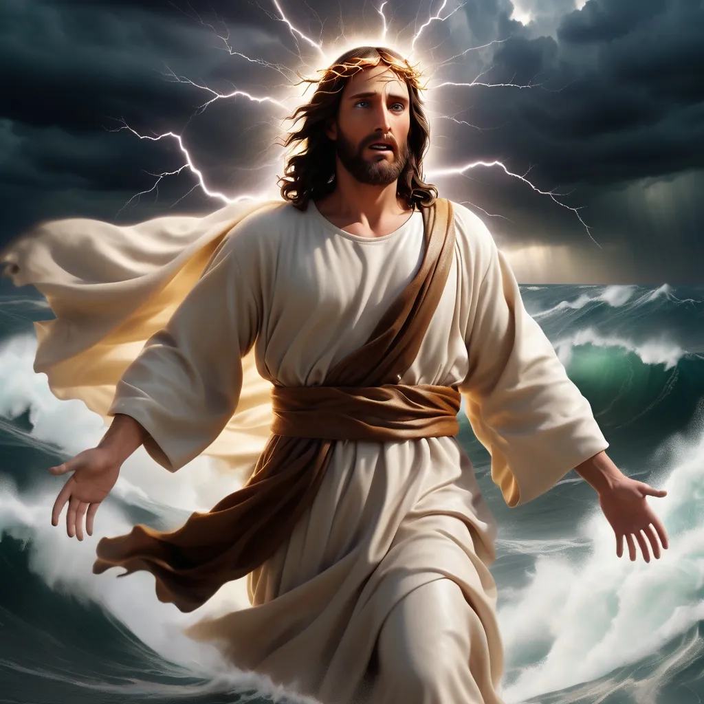Prompt: Jesus walking on water in the distance. Jesus is in a storm surrounded by lightning and thunder. Jesus is transfigured in an awesome light. Waves are crashing against the shoreline. Jesus face is perfectly formed and calm. The storm is vivid and strong. The sky dark and enigmatic. 