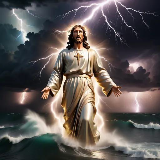 Prompt: Jesus is fully clothed and on the horizon two hundred metres away walking on water in a storm surrounded by lightning and thunder. He is transfigured in an awesome light. Waves are crashing against the shoreline in the foreground. Jesus face is perfectly formed and calm. The storm is vivid and strong. The sky dark and enigmatic with waves of iridescent lightning. 