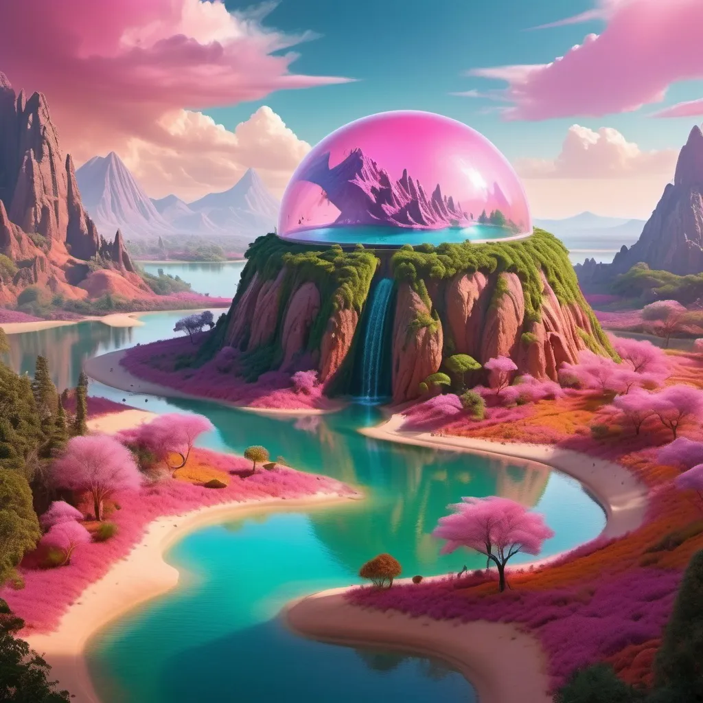 Prompt: A surreal and vividly imaginative landscape unfolds, featuring a colossal dome encasing a miniature, verdant mountain surrounded by lush trees and a winding path, set against a backdrop of strikingly colorful, alien terrain. This enclosed paradise sits within a vivid, pink-hued lake, contrasting sharply with the rich, orange sands of the surrounding landscape, which is dotted with jagged rock formations that stretch towards an atmospheric horizon filled with billowing clouds. The otherworldly environment is further enhanced by additional smaller domes, hinting at potential human habitation or exploration in this fantastical setting. The overall composition merges a dreamlike quality with rich colors and unusual forms, evoking a sense of wonder and curiosity about life and landscapes beyond Earth.