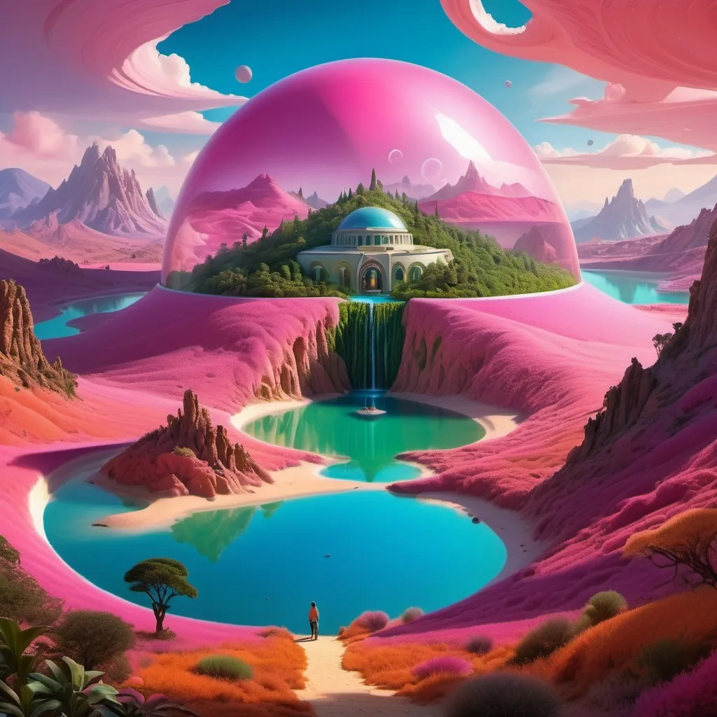 Prompt: A surreal and vividly imaginative landscape unfolds, featuring a colossal dome encasing a miniature, verdant mountain surrounded by lush trees and a winding path, set against a backdrop of strikingly colorful, alien terrain. This enclosed paradise sits within a vivid, pink-hued lake, contrasting sharply with the rich, orange sands of the surrounding landscape, which is dotted with jagged rock formations that stretch towards an atmospheric horizon filled with billowing clouds. The otherworldly environment is further enhanced by additional smaller domes, hinting at potential human habitation or exploration in this fantastical setting. The overall composition merges a dreamlike quality with rich colors and unusual forms, evoking a sense of wonder and curiosity about life and landscapes beyond Earth.