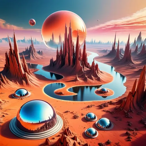 Prompt: aerial view, tilt-shift, isometric miniature world, detailed landscape Mars world render with futuristic glass domes filled with forests and lakes and futuristic twisted skyscrapers. Mount Mons is part of this landscape with dramatic sky. Red and orange tones with blue sky. Dramatic Martian clouds with red and pink and rustic hues. Airy feel as Mars is being terraformed into a beautiful landscape. Airy and light with glass domes iridescent with refracted light from the sunset. 