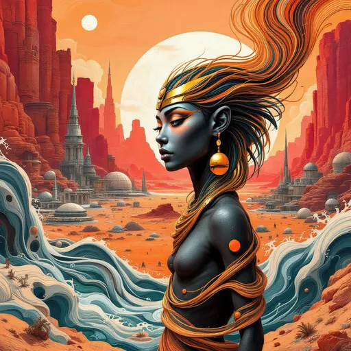 Prompt: A surreal landscape on Mars unfolds in shades of orange and red, depicting a futuristic scene filled with various architectural marvels, such as glass domed cities and metal spires that rise against a vibrant sky. In the foreground, a stylized humanoid in an Egyptian style with an emotional expression stands, characterized by flowing lines and a unique hairstyle that resembles strands of abstract art. Wisps of colorful waves sweep across the composition, suggesting movement and dynamism while framing the figure's pensive gaze. The overall style evokes a blend of dreamy abstraction and sci-fi aesthetics, inviting a sense of wonder and intrigue about this imaginative world. The mood is both contemplative and adventurous, hinting at the exploration of uncharted realms.