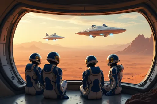 Prompt: Framed by a large panoramic curved futuristic window, a group of four figures clad in sleek, blue and white space suits and futuristic space helmets with visors open gazes out at two futuristic starships gracefully launching into the sky, their fusion powered blue exhaust directed downwards and illuminating the dawn-like atmosphere. The starships are the size of freighters and horizontal futuristic starships, large yet gracefully departing. The visible landscape is dominated by an expansive Mars landscape, hinting at a remote launch site as distant mountains rise softly in the background. The expressions of the figures – a mix of awe and determination – convey a sense of hope and adventure. Bathed in warm, soft lighting, the scene has a vibrant, almost dream-like quality, capturing a pivotal moment of technological achievement and human aspiration in the realm of space exploration.