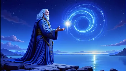 Prompt: Beneath a mesmerizing twilight sky painted in deep blue hues, a majestic figure stands on a rocky shore, embodying a powerful sorcerer or celestial being. Clad in flowing robes adorned with intricate gold patterns, he raises his hands towards a luminous star that radiates a brilliant light, giving rise to a swirling spiral of energy and light above him. The tranquil water reflects the celestial phenomenon, enhancing the scene’s mystical atmosphere, while distant mountains loom softly in the background, adding depth to the serene landscape. The image conveys a sense of wonder and magic, inviting viewers to marvel at the connection between the cosmic and the earthly realms, illuminating themes of creation and divine power.