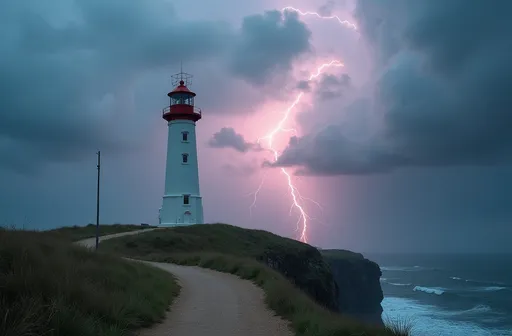 Prompt: Beneath a dramatic sky charged with turbulent clouds and vibrant streaks of lightning, a tall, white lighthouse stands resolutely on the edge of a grassy hill, its red accents brilliantly contrasting against the moody palette. The weather appears unsettled, with hints of stormy rain in the background, while soft pinks and blues peek through the ominous dark clouds, creating a surreal atmosphere. A winding sandy path meanders toward the lighthouse, inviting onlookers to explore, while a solitary light post adds a touch of calm amid the tempestuous setting. The entire scene evokes a sense of isolation and awe, capturing the power of nature juxtaposed with the steadfastness of human engineering. A storm tossed sea can be seen where the cliff face drops to reveal the tumultuous waves.