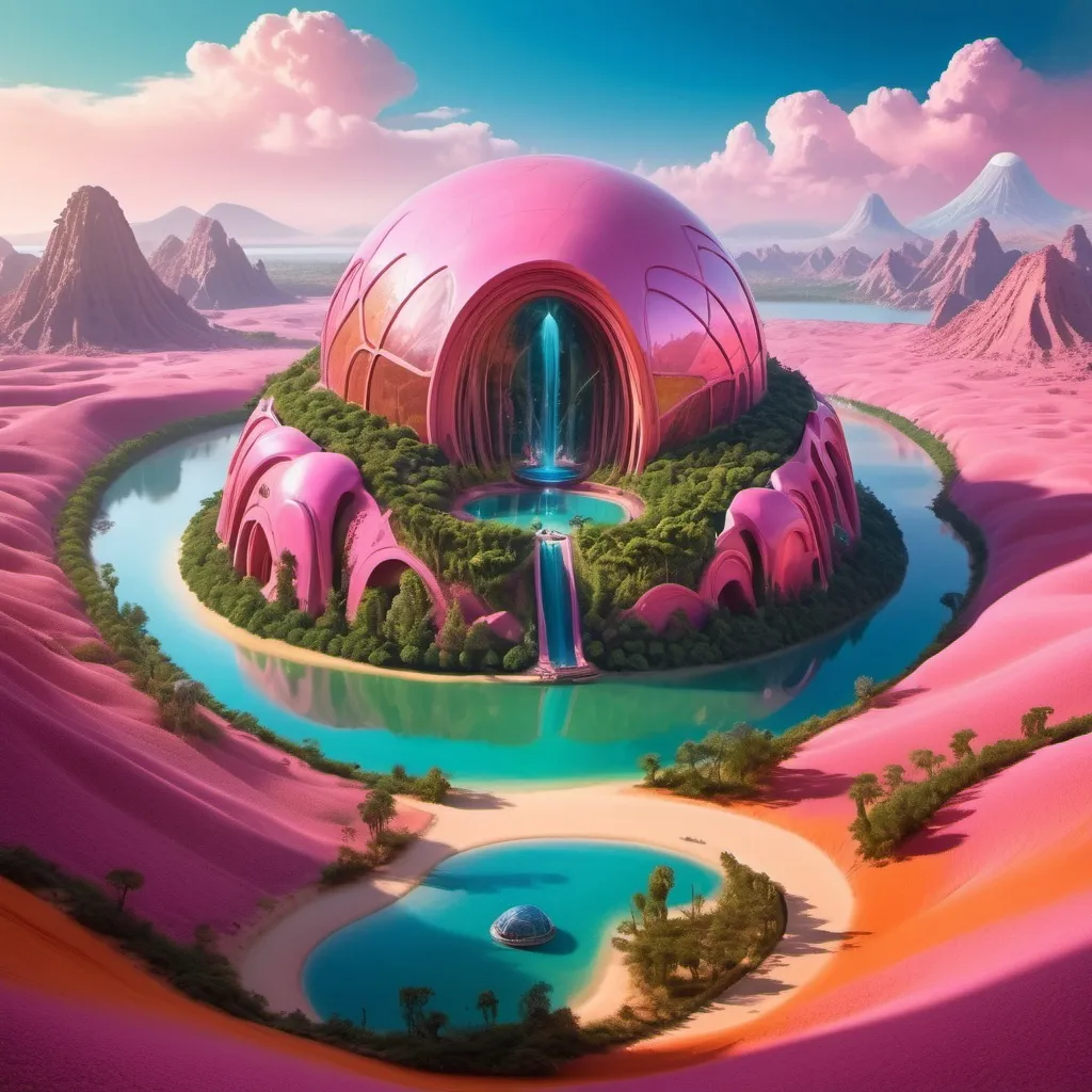 Prompt: A surreal and vividly imaginative landscape unfolds, featuring a colossal dome encasing a miniature, verdant mountain surrounded by lush trees and a winding path, set against a backdrop of strikingly colorful, alien terrain. This enclosed paradise sits within a vivid, pink-hued lake, contrasting sharply with the rich, orange sands of the surrounding landscape, which is dotted with jagged rock formations that stretch towards an atmospheric horizon filled with billowing clouds. The otherworldly environment is further enhanced by additional smaller domes, hinting at potential human habitation or exploration in this fantastical setting. The overall composition merges a dreamlike quality with rich colors and unusual forms, evoking a sense of wonder and curiosity about life and landscapes beyond Earth.