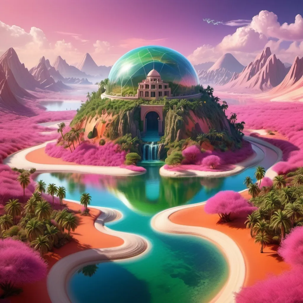 Prompt: A surreal and vividly imaginative landscape unfolds, featuring a colossal dome encasing a miniature, verdant mountain surrounded by lush trees and a winding path, set against a backdrop of strikingly colorful, alien terrain. This enclosed paradise sits within a vivid, pink-hued lake, contrasting sharply with the rich, orange sands of the surrounding landscape, which is dotted with jagged rock formations that stretch towards an atmospheric horizon filled with billowing clouds. The otherworldly environment is further enhanced by additional smaller domes, hinting at potential human habitation or exploration in this fantastical setting. The overall composition merges a dreamlike quality with rich colors and unusual forms, evoking a sense of wonder and curiosity about life and landscapes beyond Earth.