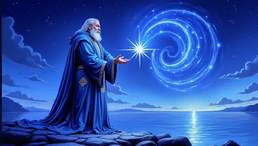 Prompt: Beneath a mesmerizing twilight sky painted in deep blue hues, a majestic figure stands on a rocky shore, embodying a powerful sorcerer or celestial being. Clad in flowing robes adorned with intricate gold patterns, he raises his hands towards a luminous star that radiates a brilliant light, giving rise to a swirling spiral of energy and light above him. The tranquil water reflects the celestial phenomenon, enhancing the scene’s mystical atmosphere, while distant mountains loom softly in the background, adding depth to the serene landscape. The image conveys a sense of wonder and magic, inviting viewers to marvel at the connection between the cosmic and the earthly realms, illuminating themes of creation and divine power.