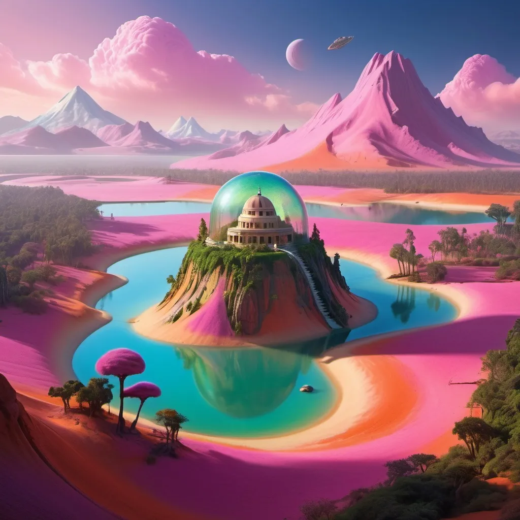 Prompt: A surreal and vividly imaginative landscape unfolds, featuring a colossal dome encasing a miniature, verdant mountain surrounded by lush trees and a winding path, set against a backdrop of strikingly colorful, alien terrain. This enclosed paradise sits within a vivid, pink-hued lake, contrasting sharply with the rich, orange sands of the surrounding landscape, which is dotted with jagged rock formations that stretch towards an atmospheric horizon filled with billowing clouds. The otherworldly environment is further enhanced by additional smaller domes, hinting at potential human habitation or exploration in this fantastical setting. The overall composition merges a dreamlike quality with rich colors and unusual forms, evoking a sense of wonder and curiosity about life and landscapes beyond Earth.