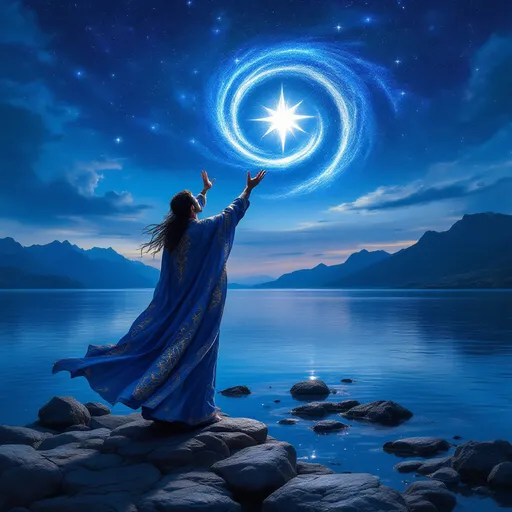 Prompt: Beneath a mesmerizing twilight sky painted in deep blue hues, a majestic figure stands on a rocky shore, embodying a powerful sorcerer or celestial being. Clad in flowing robes adorned with intricate gold patterns, he raises his hands towards a luminous star that radiates a brilliant light, giving rise to a swirling spiral of energy and light above him. The tranquil water reflects the celestial phenomenon, enhancing the scene’s mystical atmosphere, while distant mountains loom softly in the background, adding depth to the serene landscape. The image conveys a sense of wonder and magic, inviting viewers to marvel at the connection between the cosmic and the earthly realms, illuminating themes of creation and divine power.