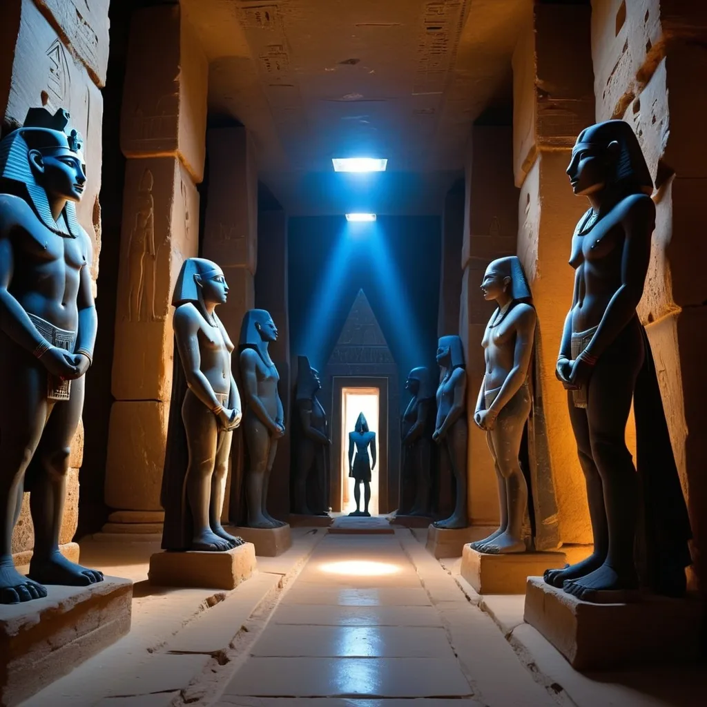 Prompt: In the halls of Amenti beneath the Pyramids of Giza, a hallowed hall filled with Figures on either side in blue and black obsidian. The hallway is ancient and is filled with a dusty twilight and divine light. The statues look like travellers of the stars and have an otherworldly feel as if speaking of Mars and Sirius. God like figures. Some are kneeling and some are resplendent as if in acknowledgement of the divine presence before them. 