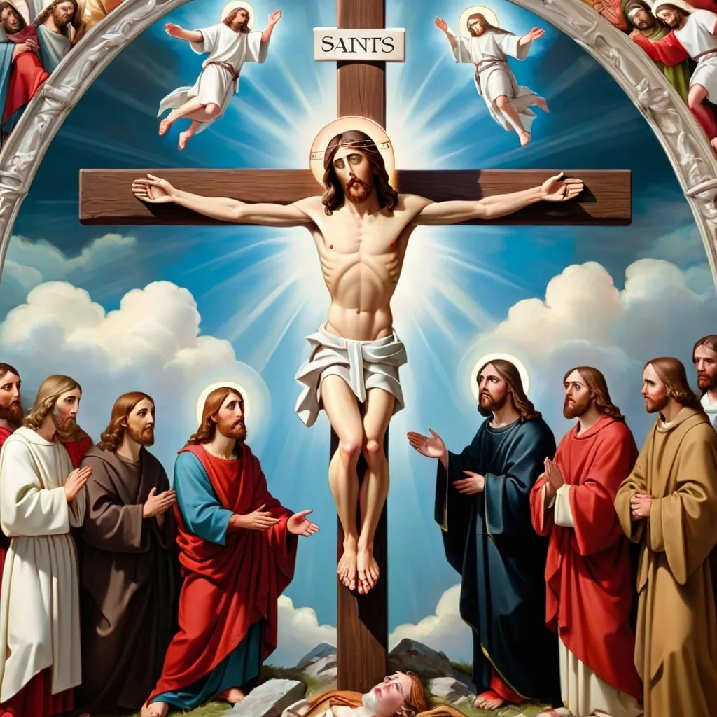 Prompt: Jesus on the cross surrounded by past and future saints