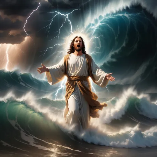 Prompt: Jesus walking on water in a storm surrounded by lightning and thunder. Jesus is transfigured in an awesome light. Waves are crashing against the shoreline. Jesus face is well formed and calm. 