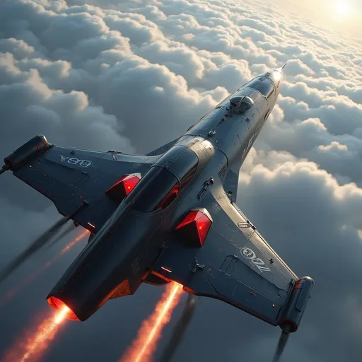Prompt: Soaring above a sea of soft, billowing clouds, a sleek, modern spacecraft propels forward with brilliant engine flames streaming behind it, illuminating the atmosphere with a fiery glow. The vessel features a streamlined, aerodynamic design, marked by sharp angles and a polished, metallic surface that reflects the ambient light of the sky. With its jet-black body contrasting against the pale blue hues around it, the scene captures a sense of adventure and technological prowess. The upward angle enhances the feeling of ascent, lending a dynamic perspective, as the ship's sturdy wings and vibrant red accents stand out boldly. This moment conveys an exhilarating narrative of exploration and breakthrough, inviting imaginations to soar alongside it.