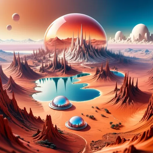 Prompt: aerial view, tilt-shift, isometric miniature world, detailed landscape Mars world render with futuristic glass domes filled with forests and lakes and futuristic twisted skyscrapers. Mount Mons the dormant volcano is part of this landscape with dramatic sky. Red and orange tones with blue sky. Dramatic Martian clouds with red and pink and rustic hues. Airy feel as Mars is being terraformed into a beautiful landscape. Airy and light with glass domes iridescent with refracted light from the sunset. In the foreground one domed city has a pine forest clearly visible.