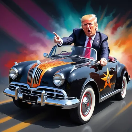 Prompt: Realistic digital painting of a confident Donald Trump driving chea,p beatle car with a rebellious expression, modern digital art, energetic stage performance, high energy, vibrant colors, dynamic lighting, detailed realistic portrayal, iconic guitar, rock star vibes, edgy and bold art style, presidential suit with rockstar twists, expressive facial features, high quality, ultra-detailed, modern, rebellious, vibrant colors, energetic lighting