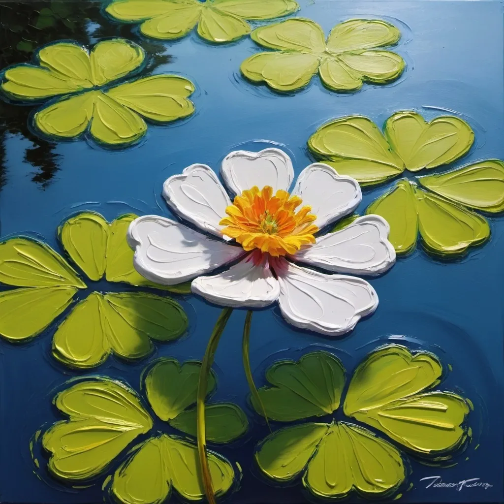 Prompt: thick impasto oil painting of a Irish flower in lake pond, thick paint strokes