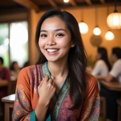 Prompt: Create a spontaneous candidly capture image of a beautiful Malay woman in her mid-20s, with a radiant smile and expressive eyes, celebrating a moment of pure happiness. She has long, flowing dark hair, and is dressed in a modest yet stylish traditional outfit, like a baju kurung with vibrant colors and intricate patterns. Her spontaneous reaction is captured as she guesses the right keyword, her hands slightly raised in excitement, and her face lit up with joy. The background is softly blurred, highlighting her candid expression in a cozy, warmly-lit indoor setting. The overall mood is lively and authentic, emphasizing the joy of the moment.