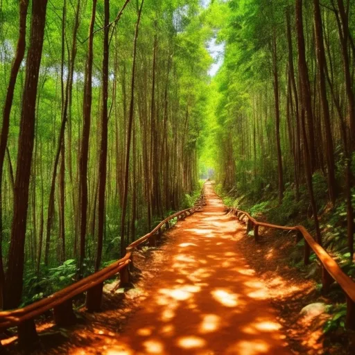 Prompt: Path way through the nice day  summer forest natural way, road to the cool view 