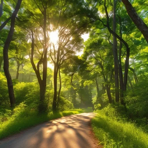 Prompt: Path way through the nice day  summer forest natural way, road to the cool view 