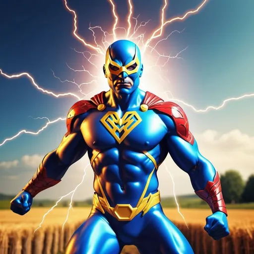 Prompt: Powerful superhero with electricity abilities, dynamic pose, detailed mask with cool designs, rural farm background, 3D digital rendering, high quality, superhero comic style, vibrant colors, dramatic lighting, electricity effects, cool mask, dramatic pose, energy power, superhero, rural farm, 3D rendering, vibrant colors, dramatic lighting