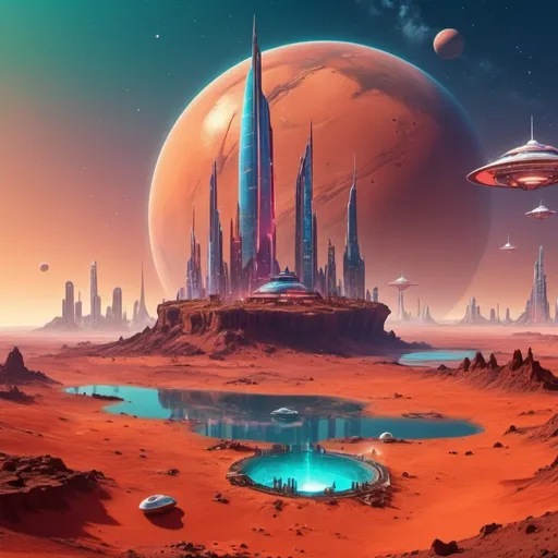 Prompt: (island on Mars), (imaginary animals), vibrant colors, futuristic skyscrapers, flying ships, a surreal landscape, bright stars in a twilight sky, high detail, intricate design, imaginative setting, whimsical atmosphere, captivating exploration, 4K resolution, breathtaking scenery, otherworldly vibe.