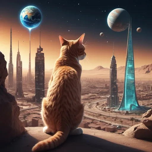 Prompt: dibuje un gato jugando en marte y de fondo una ciudad construida por los terricolas y de fondo mostra la tierra