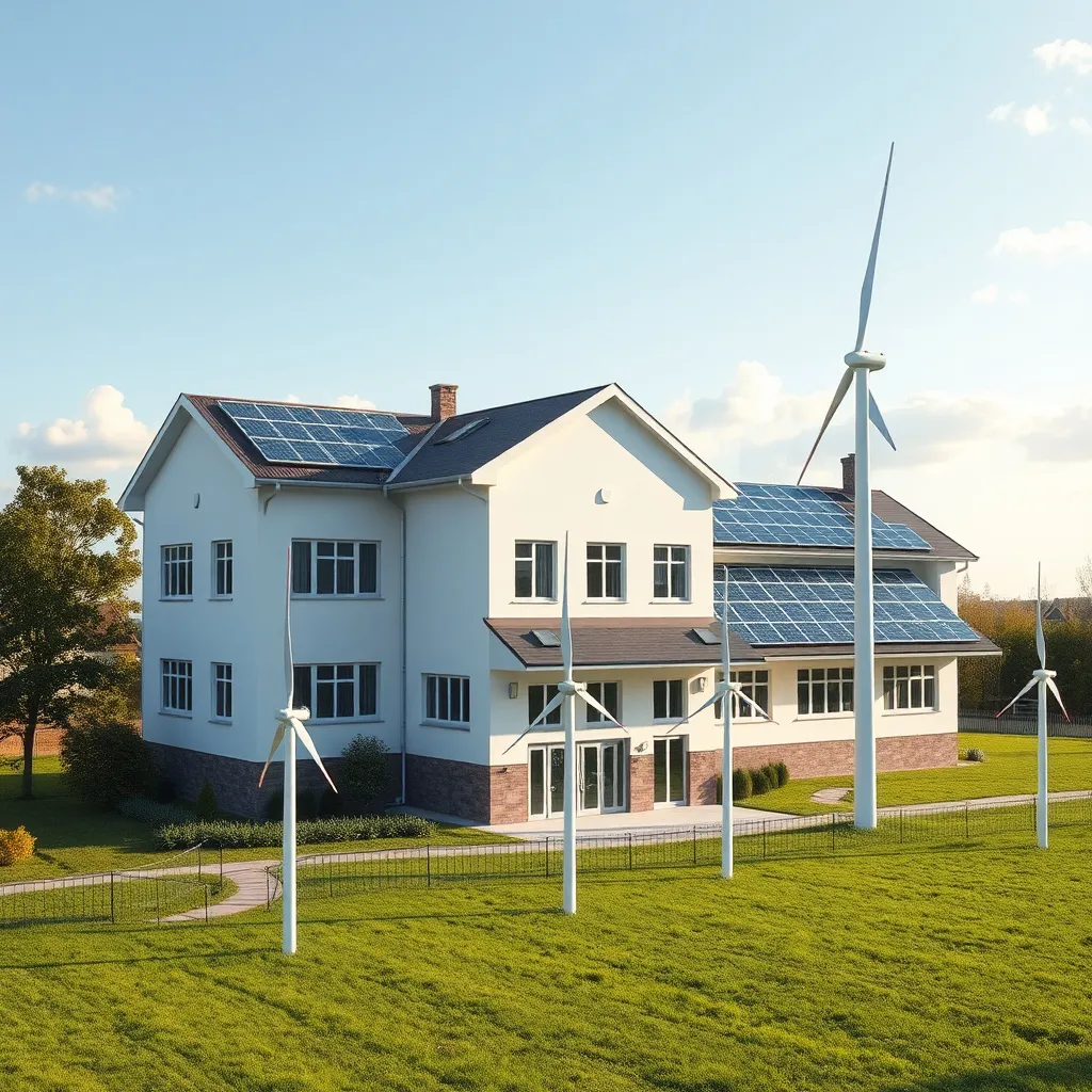 Prompt: a 3 storey and 2 storey school building with solar panel and wind turbines, school field also with wind turbines