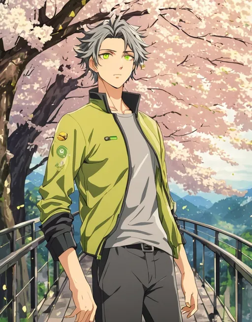 Prompt: anime de um homem de 30 anos com cabelo preto e grisalho com 1,69 de altura com olhos verdes amarelados uma linda mistura de cor de olhos.