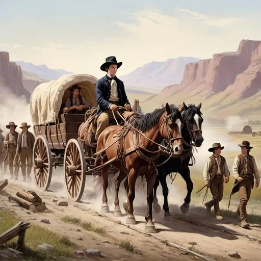 Prompt: a young mormon explorer leading a conestoga wagon train in 1849