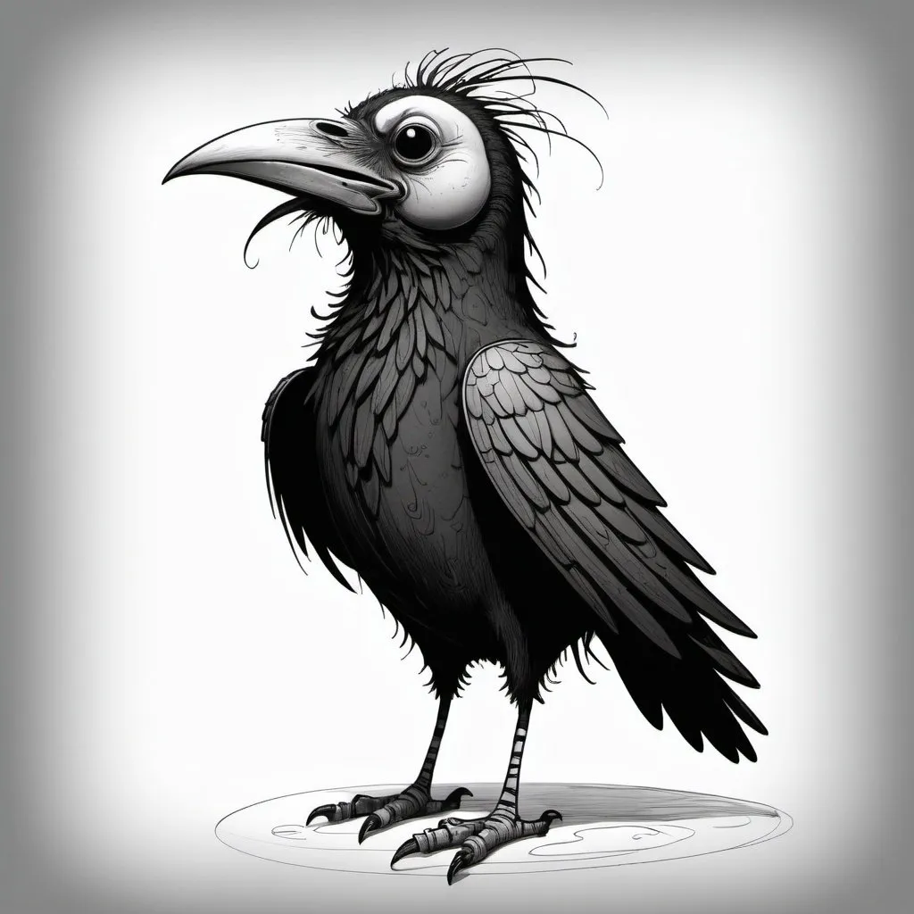 Prompt: tim burton style, full body, silly laughing raven, black and white line drawing,