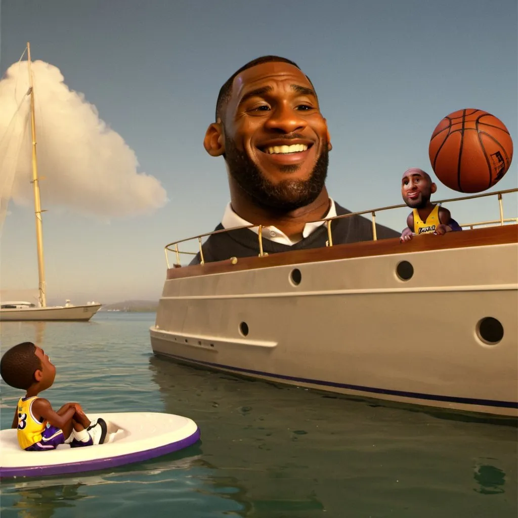 Prompt: lebron james and kobe bryant playing basketball on a yacht